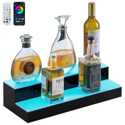 VEVOR LED Lighted Liquor Bottle Display, 2 Tiers 20 Inches Whiskey Rack, Supports USB, Illuminated Home Bar Shelf with RF Remote & App Control, 9 Static Colors, Acrylic Lighted Shelf for 10 Bottles