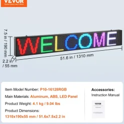 VEVOR LED Message Board, P10 Full Color Scrolling Display, Customizable Text and Animation via WIFI or USB, Ideal for Retail, Parties, and Bars, 52