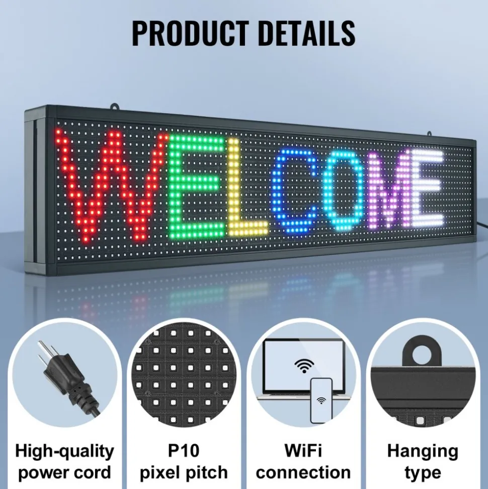 VEVOR LED Message Board, P10 Full Color Scrolling Display, Customizable Text and Animation via WIFI or USB, Ideal for Retail, Parties, and Bars, 52"x8"