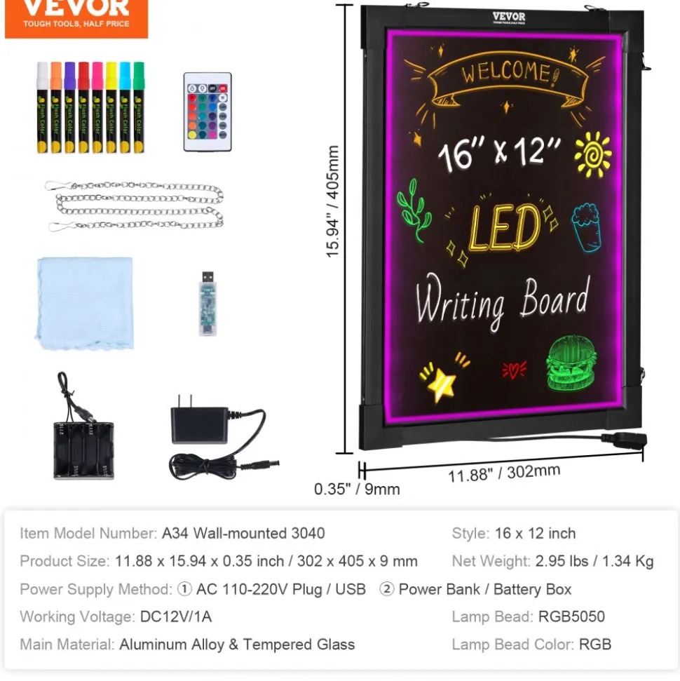 VEVOR LED Message Writing Board, 16"x12" Illuminated Erasable Lighted Chalkboard, Neon Effect Menu Sign Board, Drawing Board with 8 Fluorescent Chalk Markers and Remote Control, for Home Wedding Shop