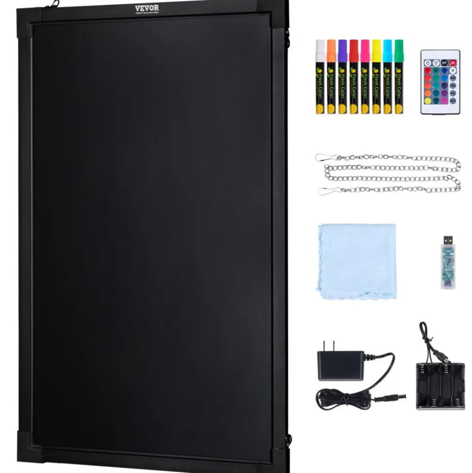 VEVOR LED Message Writing Board, 24"x16" Illuminated Erasable Lighted Chalkboard, Neon Effect Menu Sign Board, Drawing Board with 8 Fluorescent Chalk Markers and Remote Tested to UL Standards