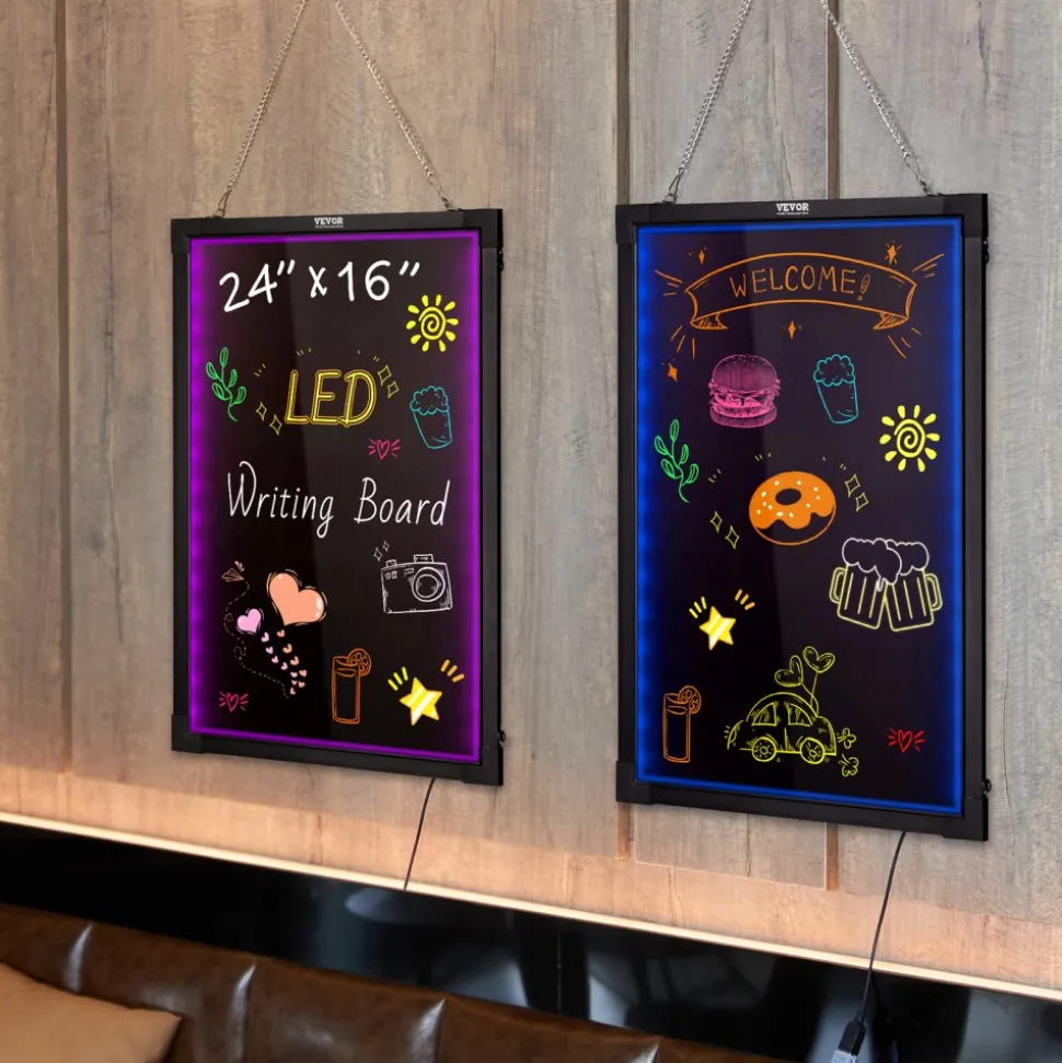 VEVOR LED Message Writing Board, 24"x16" Illuminated Erasable Lighted Chalkboard, Neon Effect Menu Sign Board, Drawing Board with 8 Fluorescent Chalk Markers and Remote Tested to UL Standards