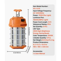 VEVOR LED Temporary Work Light, 150W, 19000 lm, 5000K Durable & Water-Resistant, Linkable up to 6 Units, Ceiling or Stand Job Site Illumination for Construction Sites, Workshops, Indoor & Outdoor Use