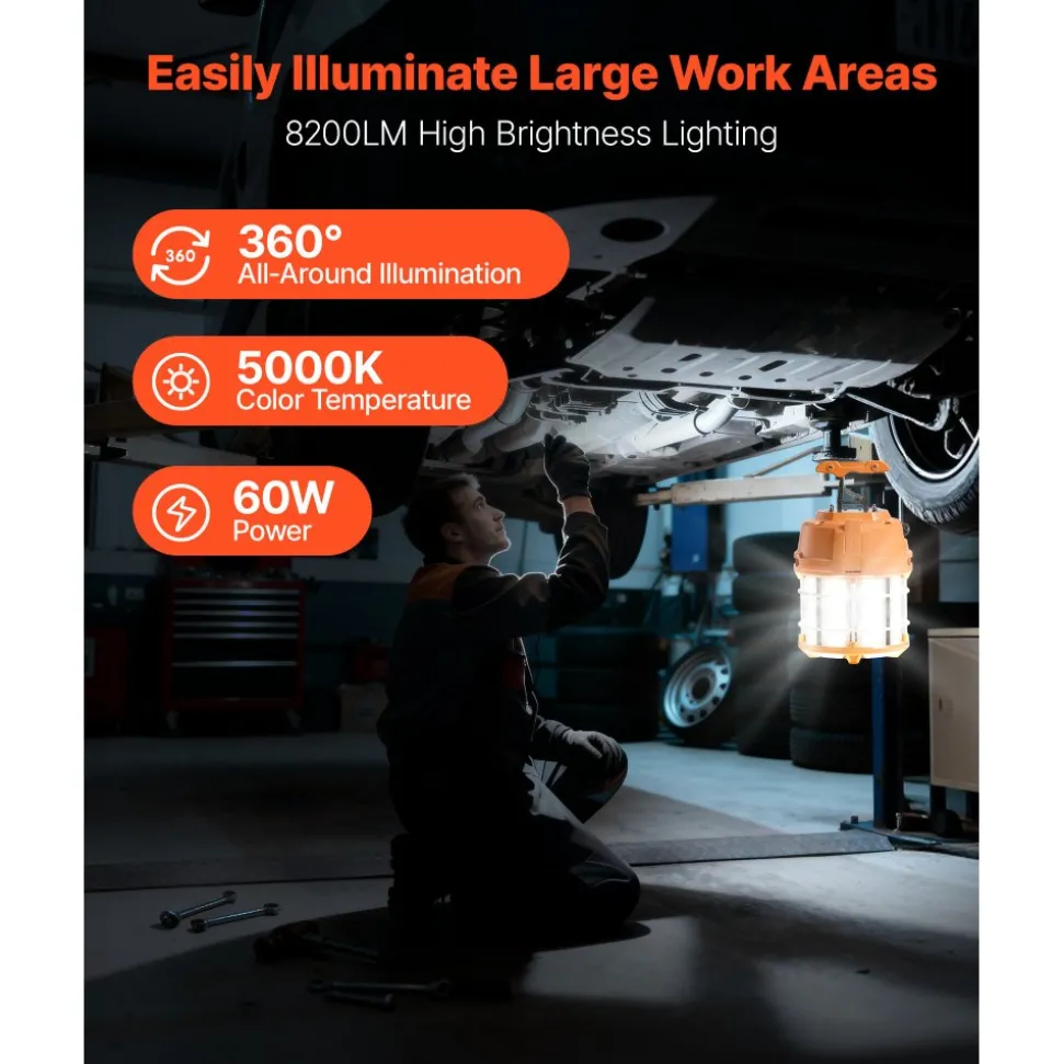 VEVOR LED Temporary Work Light, 100W, 14400 lm, 5000K Durable & Water-Resistant, Linkable up to 8 Units, Ceiling or Stand Job Site Illumination for Construction Sites, Workshops, Indoor & Outdoor Use