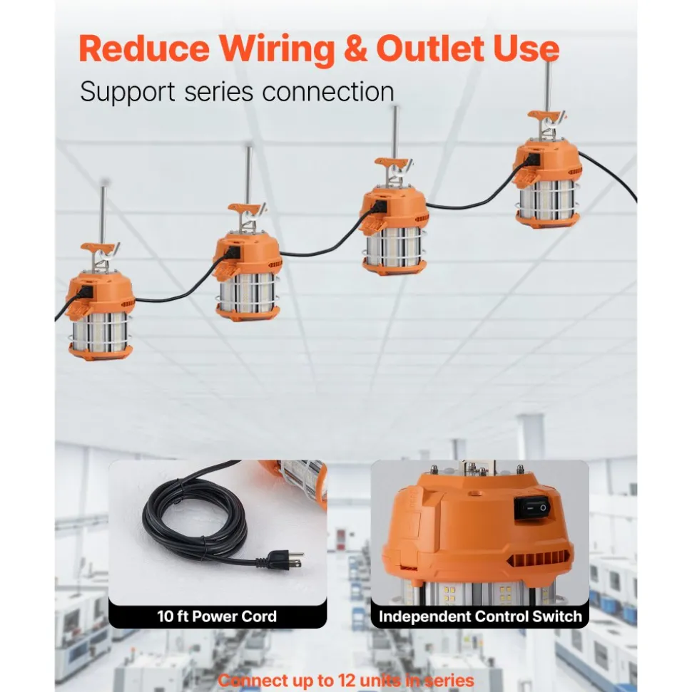 VEVOR LED Temporary Work Light, 100W, 14400 lm, 5000K Durable & Water-Resistant, Linkable up to 8 Units, Ceiling or Stand Job Site Illumination for Construction Sites, Workshops, Indoor & Outdoor Use