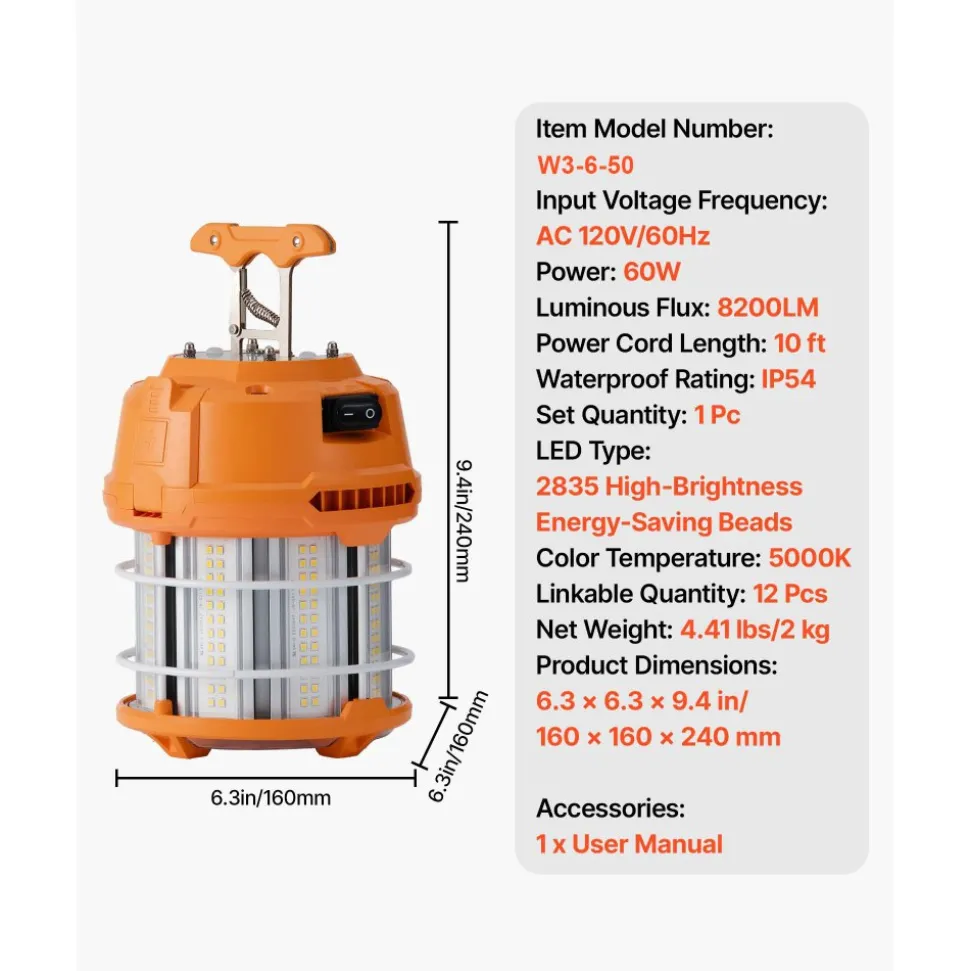 VEVOR LED Temporary Work Light, 100W, 14400 lm, 5000K Durable & Water-Resistant, Linkable up to 8 Units, Ceiling or Stand Job Site Illumination for Construction Sites, Workshops, Indoor & Outdoor Use