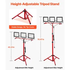 VEVOR LED Work Light with Stand, 21000 Lumens, Three-Head Portable Camping Light with Individual Switch, Tripod Stand, 10.83 ft Power Cord, for Indoor Outdoor Job Site Construction, IP65 Waterproof