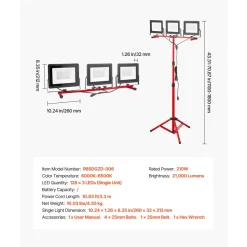 VEVOR LED Work Light with Stand, 21000 Lumens, Three-Head Portable Camping Light with Individual Switch, Tripod Stand, 10.83 ft Power Cord, for Indoor Outdoor Job Site Construction, IP65 Waterproof