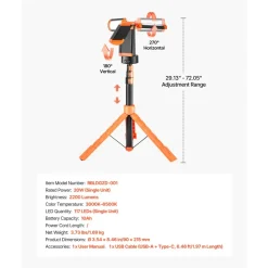 VEVOR LED Work Light with Stand, 10Ah, Rechargeable Cordless Camping Light, with 3 Lamp Heads, Detachable Tripod Stand, 2200 Lumens 3000K-6500K Dimmable, Portable Construction Lighting for Job Site