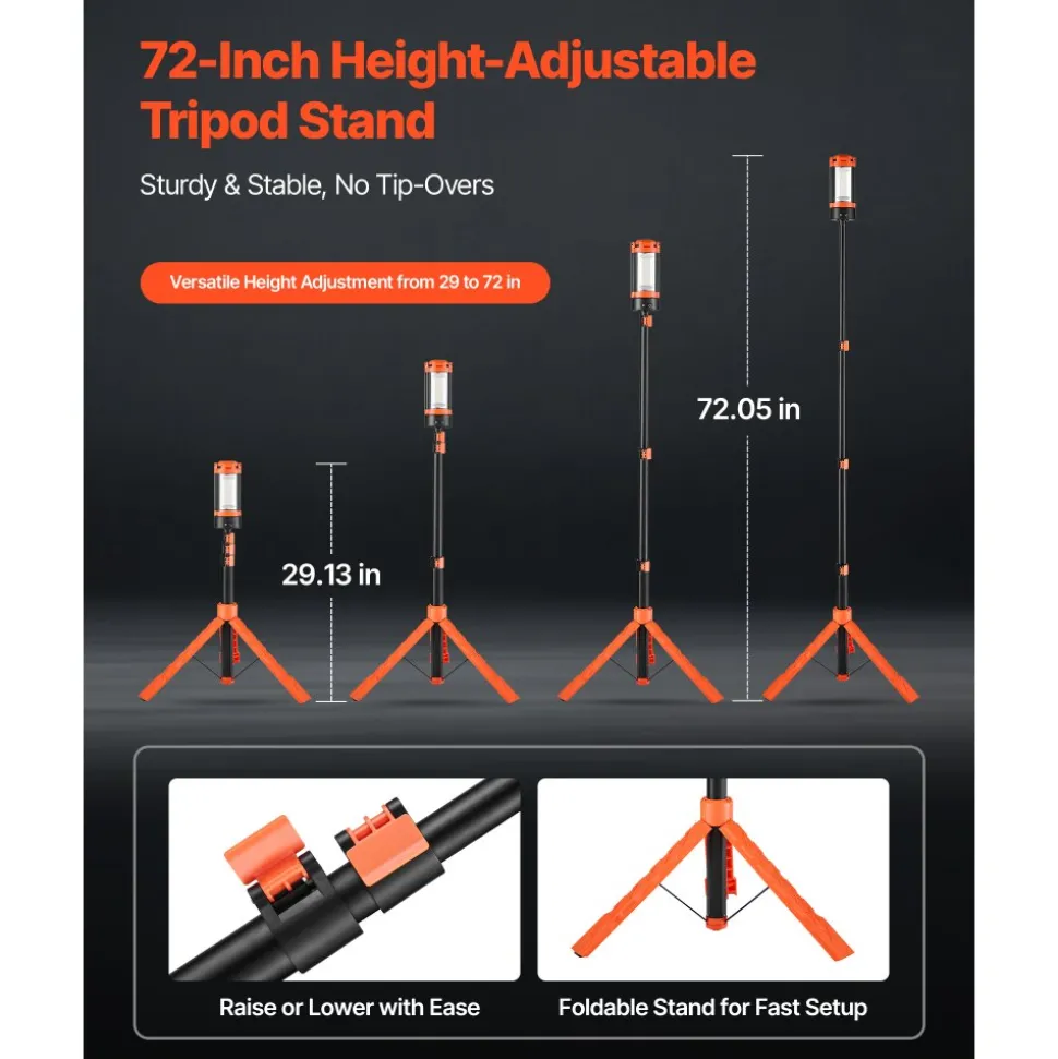 VEVOR LED Work Light with Stand, 13.2Ah, Rechargeable Cordless Camping Light, with 3 Lamp Heads, Detachable Tripod Stand, 2200 Lumens 3000K-6500K Dimmable, Portable Construction Lighting for Job Site