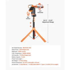 VEVOR LED Work Light with Stand, 13.2Ah, Rechargeable Cordless Camping Light, with 3 Lamp Heads, Detachable Tripod Stand, 2200 Lumens 3000K-6500K Dimmable, Portable Construction Lighting for Job Site