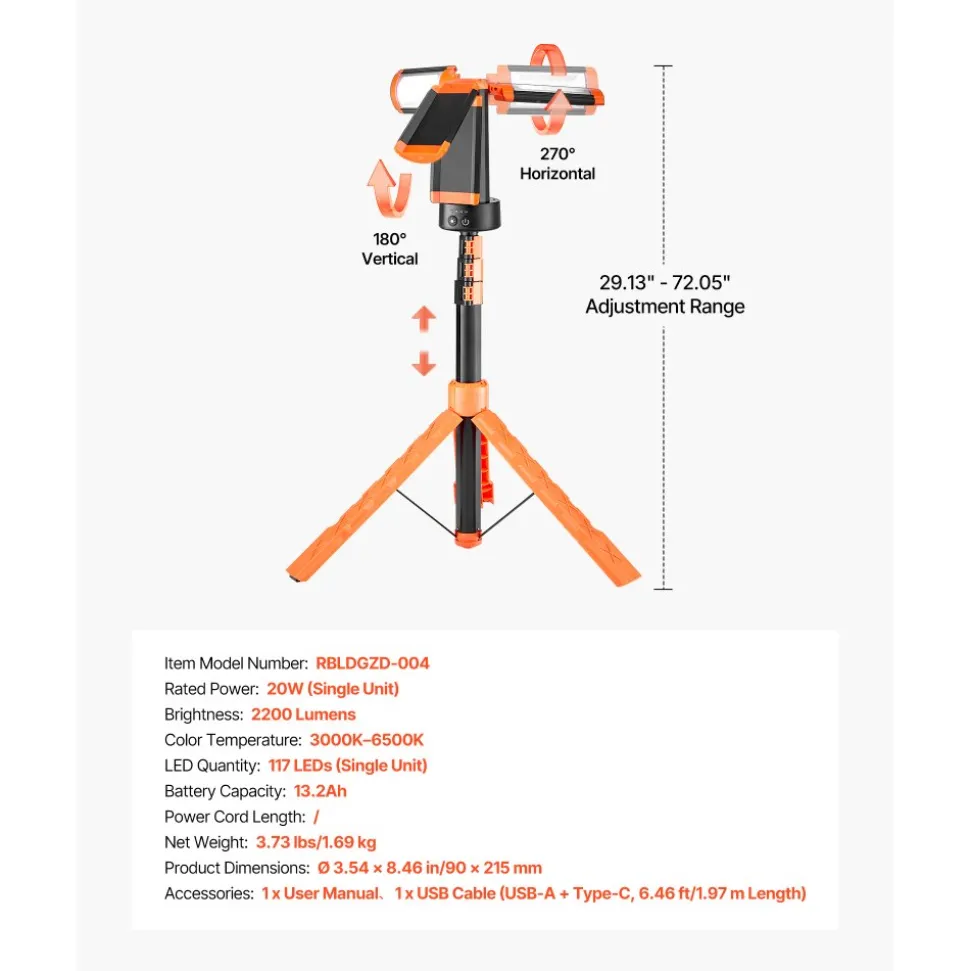 VEVOR LED Work Light with Stand, 13.2Ah, Rechargeable Cordless Camping Light, with 3 Lamp Heads, Detachable Tripod Stand, 2200 Lumens 3000K-6500K Dimmable, Portable Construction Lighting for Job Site