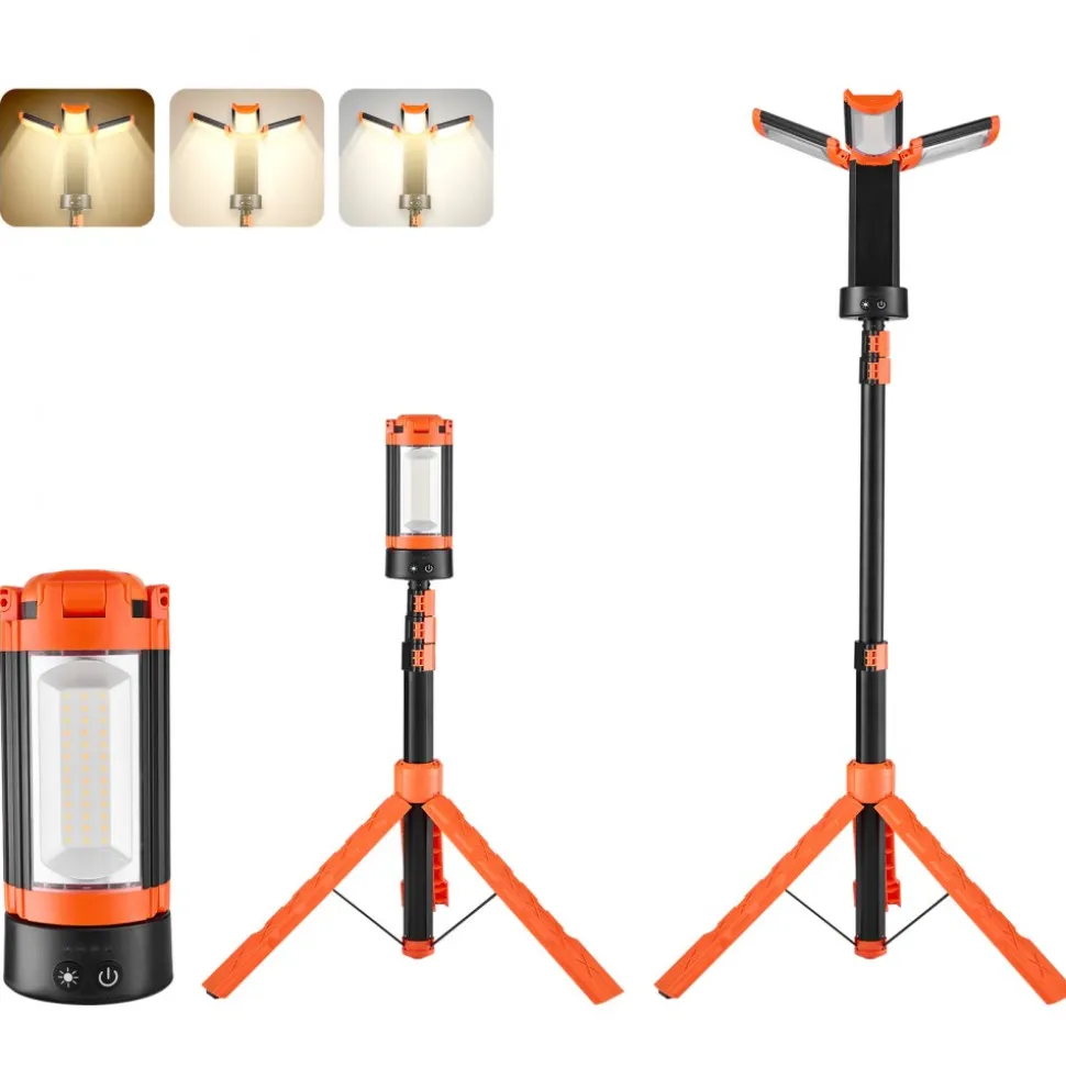 VEVOR LED Work Light with Stand, 13.2Ah, Rechargeable Cordless Camping Light, with 3 Lamp Heads, Detachable Tripod Stand, 2200 Lumens 3000K-6500K Dimmable, Portable Construction Lighting for Job Site