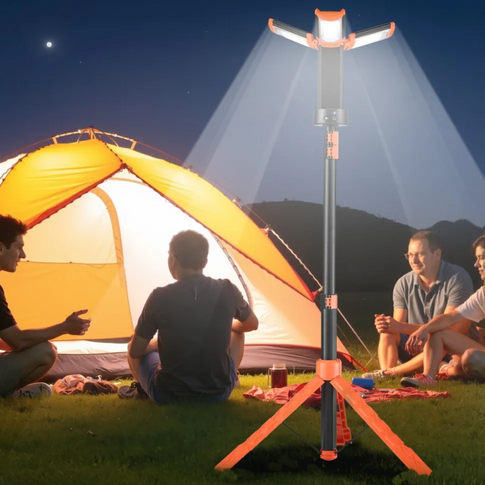 VEVOR LED Work Light with Stand, 13.2Ah, Rechargeable Cordless Camping Light, with 3 Lamp Heads, Detachable Tripod Stand, 2200 Lumens 3000K-6500K Dimmable, Portable Construction Lighting for Job Site
