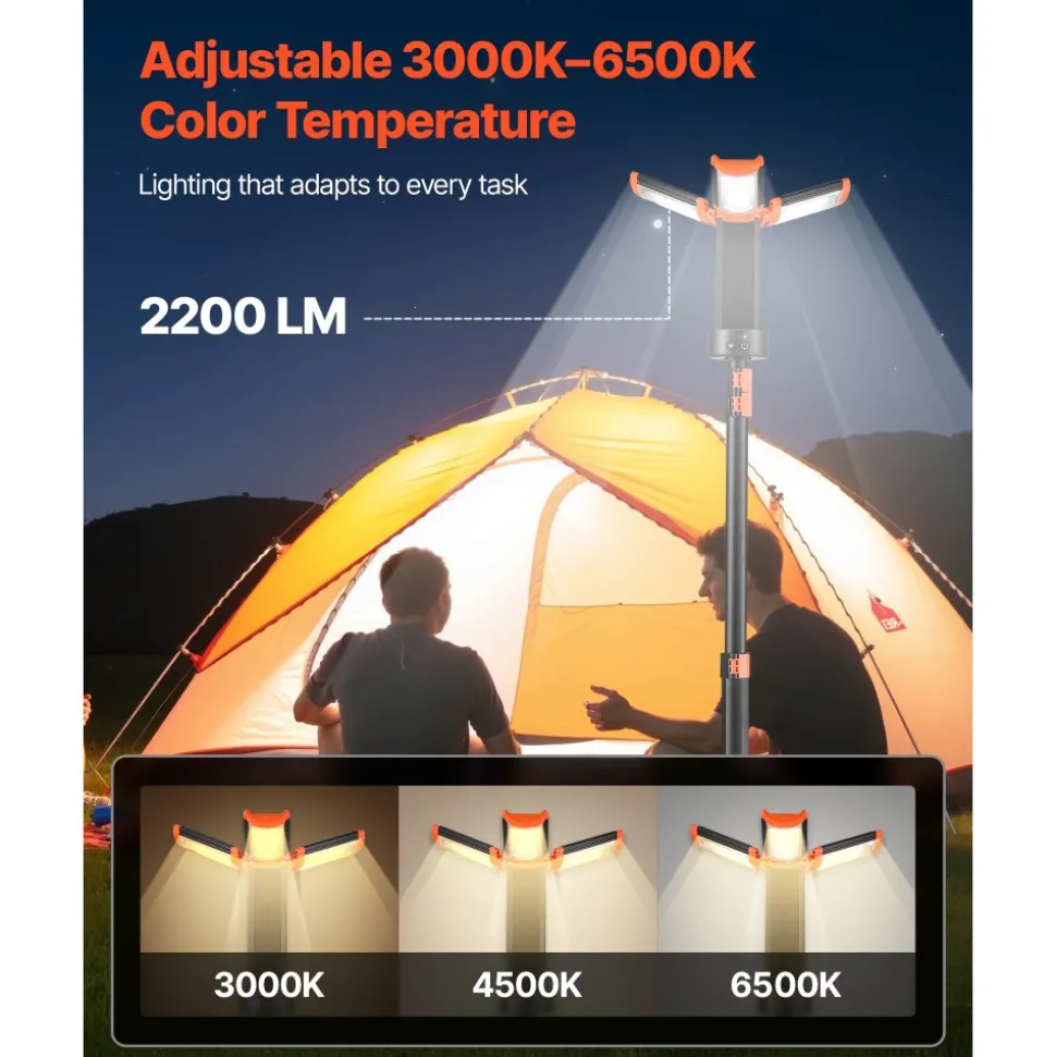 VEVOR LED Work Light with Stand, 13.2Ah, Rechargeable Cordless Camping Light, with 3 Lamp Heads, Detachable Tripod Stand, 2200 Lumens 3000K-6500K Dimmable, Portable Construction Lighting for Job Site