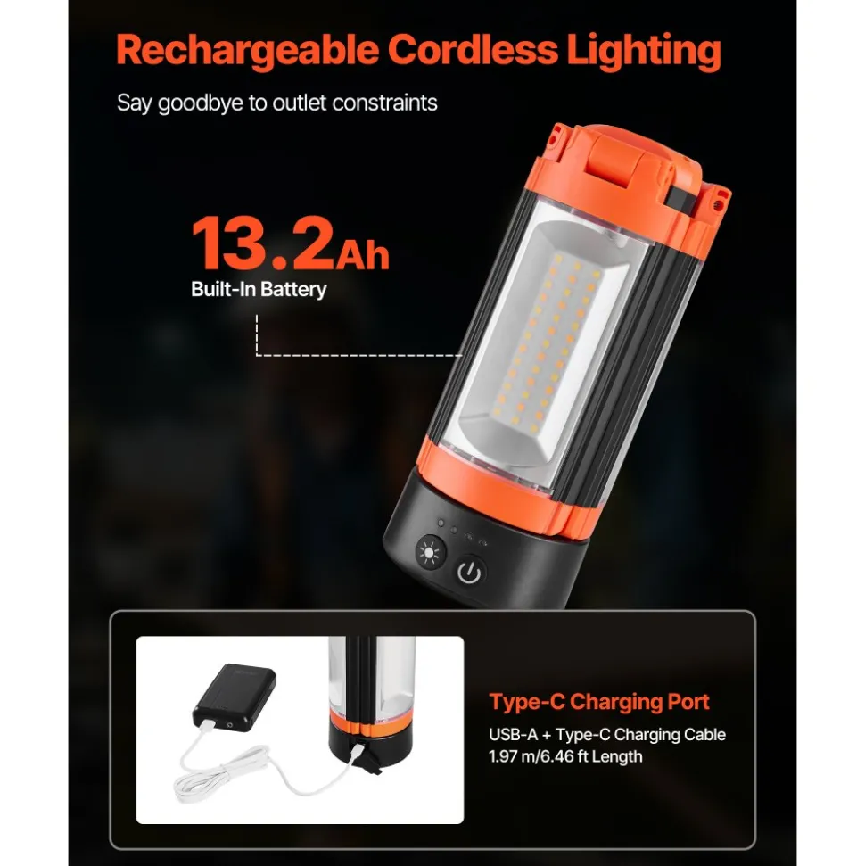 VEVOR LED Work Light with Stand, 13.2Ah, Rechargeable Cordless Camping Light, with 3 Lamp Heads, Detachable Tripod Stand, 2200 Lumens 3000K-6500K Dimmable, Portable Construction Lighting for Job Site