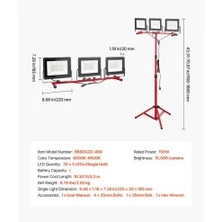VEVOR LED Work Light with Stand, 15000 Lumens, Three-Head Portable Camping Light with Individual Switch, Tripod Stand, 10.83 ft Power Cord, for Indoor Outdoor Job Site Construction, IP65 Waterproof