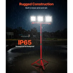 VEVOR LED Work Light with Stand, 15000 Lumens, Three-Head Portable Camping Light with Individual Switch, Tripod Stand, 10.83 ft Power Cord, for Indoor Outdoor Job Site Construction, IP65 Waterproof