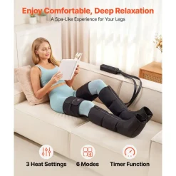 VEVOR Leg Compression Massager 9 Intensities Air Compression Leg Massager, For Daily Relaxation, 6 Massage Modes, 3 Heat Settings, Auto Shut-Off Timer, Adjustable Fit, with Storage Bag and Adapter
