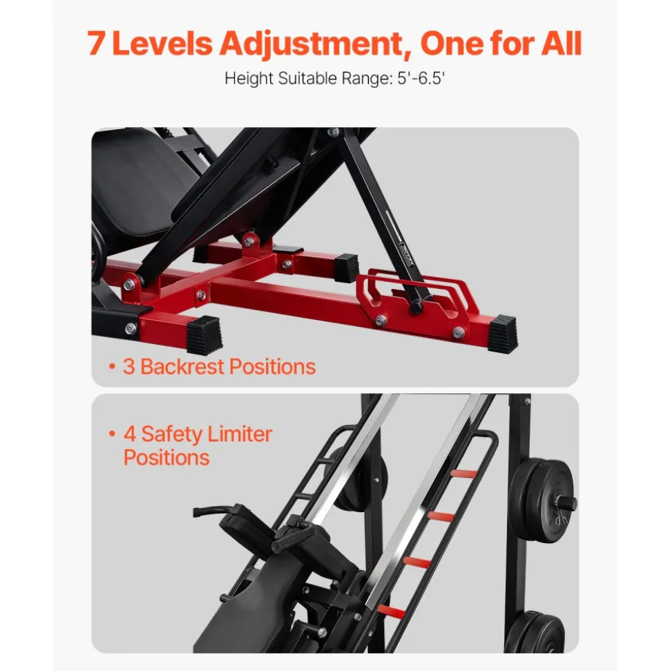 VEVOR Leg Press Hack Squat Machine, Adjustable Leg Press Combo with Linear Bearing and Weight Storage, Lower Body Special for Home Gym, Leg Exercise Equipment for Quads, Hamstring, Glutes, Calve