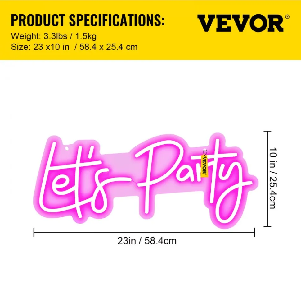 VEVOR Let's Party Neon Sign, 23"X10" Neon Sign for Wall Decor, Adjustable Brightness Pink Neon Light Sign with Remote Control and Power Adapter, for Party/Wedding Celebration/Home Decoration