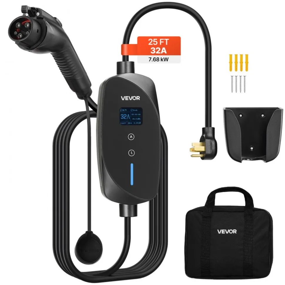 VEVOR Level 2 EV Charger, 32 Amp Adjustable Current, 240V Electric Vehicle Portable Charger with 25 ft Charging Cable, NEMA 14-50P Plug, LCD Display, Plug-in Home Car Charging Station for SAE J1772 EV