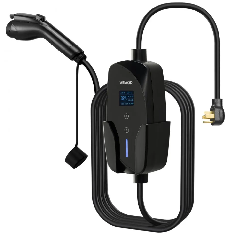 VEVOR Level 2 EV Charger, 32 Amp Adjustable Current, 240V Electric Vehicle Portable Charger with 25 ft Charging Cable, NEMA 14-50P Plug, LCD Display, Plug-in Home Car Charging Station for SAE J1772 EV