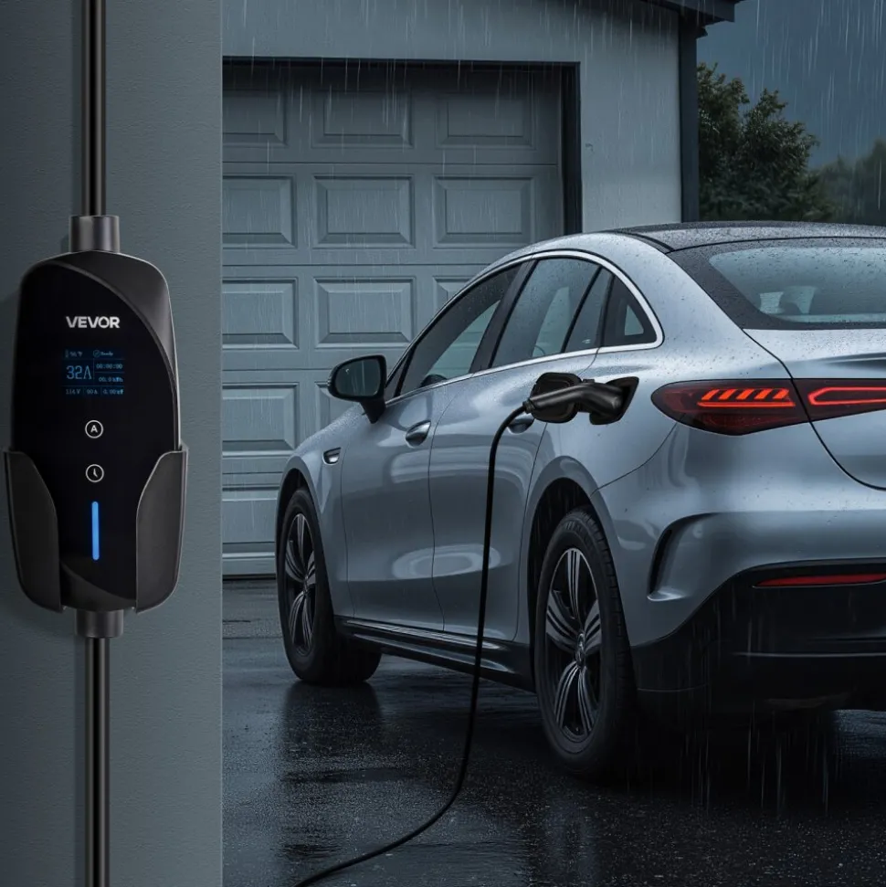 VEVOR Level 2 EV Charger, 32 Amp Adjustable Current, 240V Electric Vehicle Portable Charger with 25 ft Charging Cable, NEMA 14-50P Plug, LCD Display, Plug-in Home Car Charging Station for SAE J1772 EV