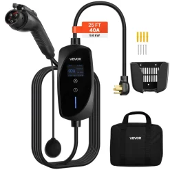 VEVOR Level 2 EV Charger, 40 Amp Adjustable Current, 240V Electric Vehicle Portable Charger with 25 ft Charging Cable, LCD Display, NEMA 14-50P Plug, Plug-in Home Car Charging Station for SAE J1772 EV