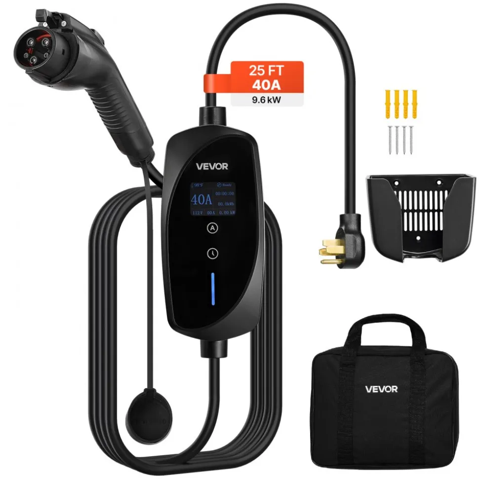 VEVOR Level 2 EV Charger, 40 Amp Adjustable Current, 240V Electric Vehicle Portable Charger with 25 ft Charging Cable, LCD Display, NEMA 14-50P Plug, Plug-in Home Car Charging Station for SAE J1772 EV