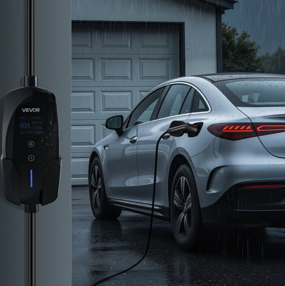 VEVOR Level 2 EV Charger, 40 Amp Adjustable Current, 240V Electric Vehicle Portable Charger with 25 ft Charging Cable, LCD Display, NEMA 14-50P Plug, Plug-in Home Car Charging Station for SAE J1772 EV