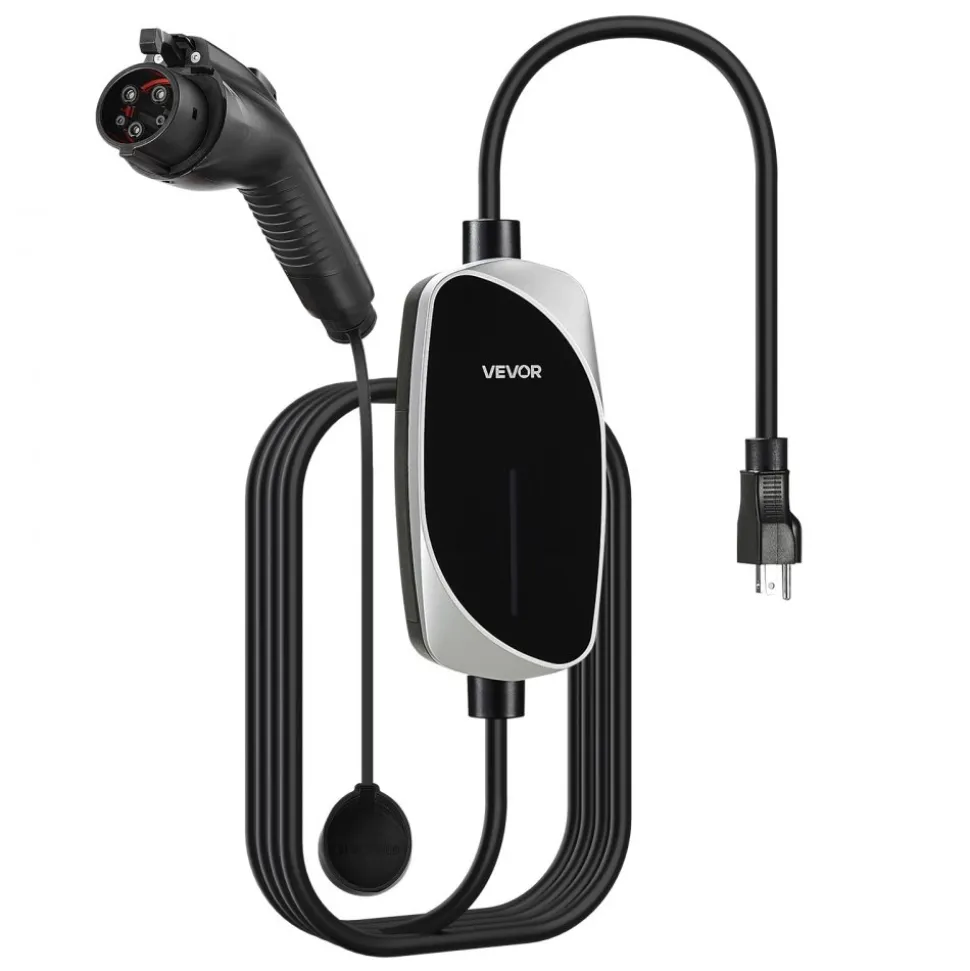 VEVOR Level 1&2 EV Charger, 16 Amp, Electric Vehicle Portable Charger with 25 ft Charging Cable, 120V-240V, NEMA 6-20P Plug NEMA 5-15 Adapter, LED Indicator, Home Car Charging Station for SAE J1772 EV