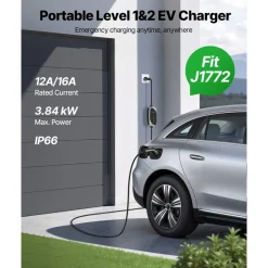 VEVOR Level 1&2 EV Charger, 16 Amp, Electric Vehicle Portable Charger with 25 ft Charging Cable, 120V-240V, NEMA 6-20P Plug NEMA 5-15 Adapter, LED Indicator, Home Car Charging Station for SAE J1772 EV