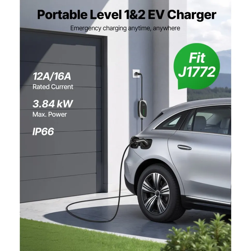 VEVOR Level 1&2 EV Charger, 16 Amp, Electric Vehicle Portable Charger with 25 ft Charging Cable, 120V-240V, NEMA 6-20P Plug NEMA 5-15 Adapter, LED Indicator, Home Car Charging Station for SAE J1772 EV