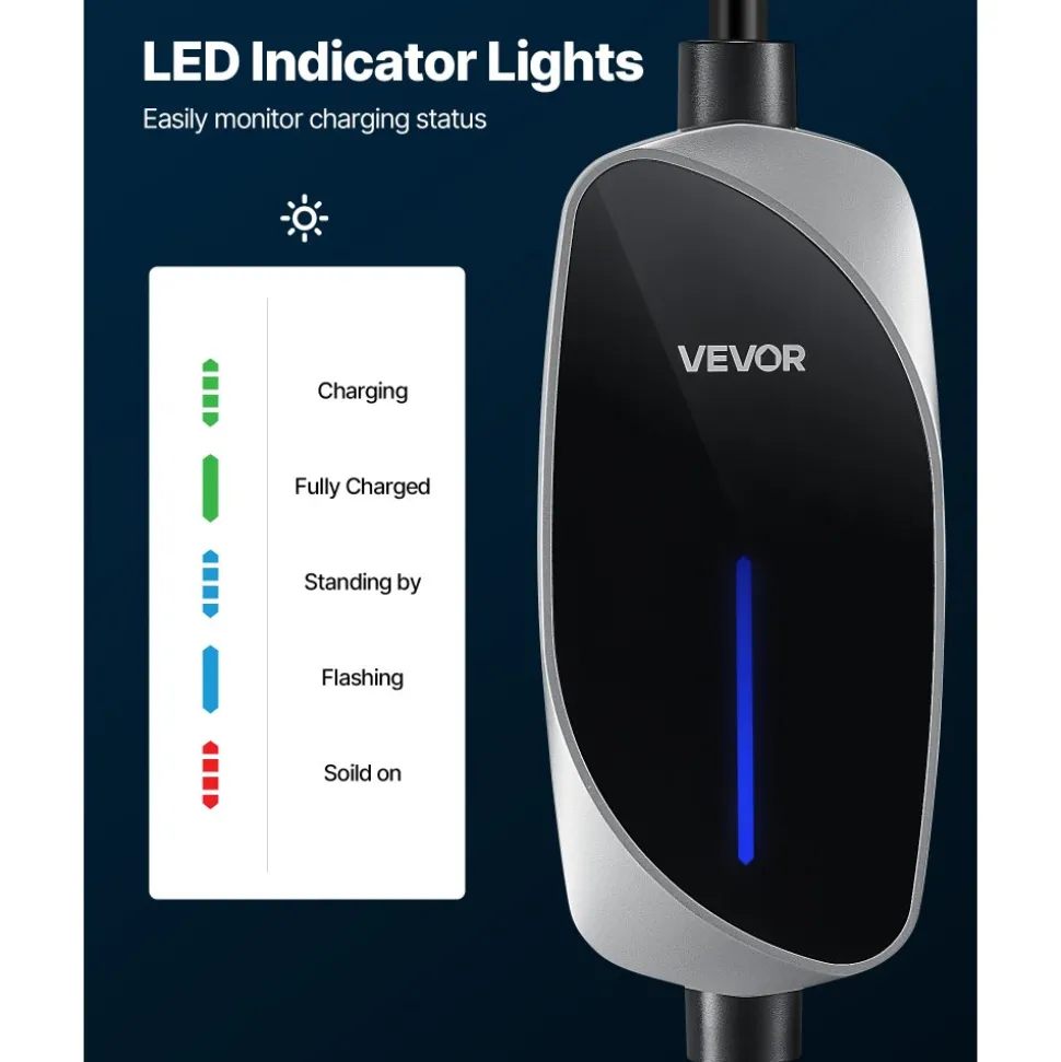 VEVOR Level 1&2 EV Charger, 16 Amp, Electric Vehicle Portable Charger with 25 ft Charging Cable, 120V-240V, NEMA 6-20P Plug NEMA 5-15 Adapter, LED Indicator, Home Car Charging Station for SAE J1772 EV
