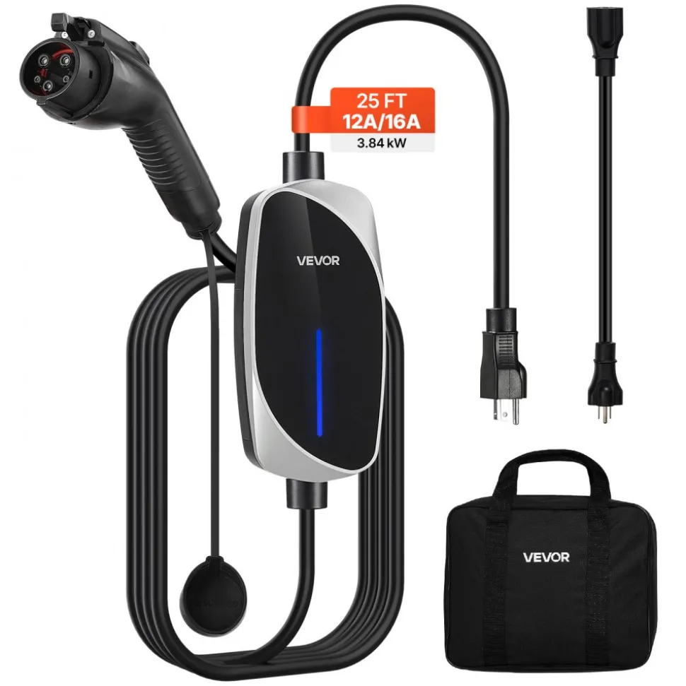 VEVOR Level 1&2 EV Charger, 16 Amp, Electric Vehicle Portable Charger with 25 ft Charging Cable, 120V-240V, NEMA 6-20P Plug NEMA 5-15 Adapter, LED Indicator, Home Car Charging Station for SAE J1772 EV