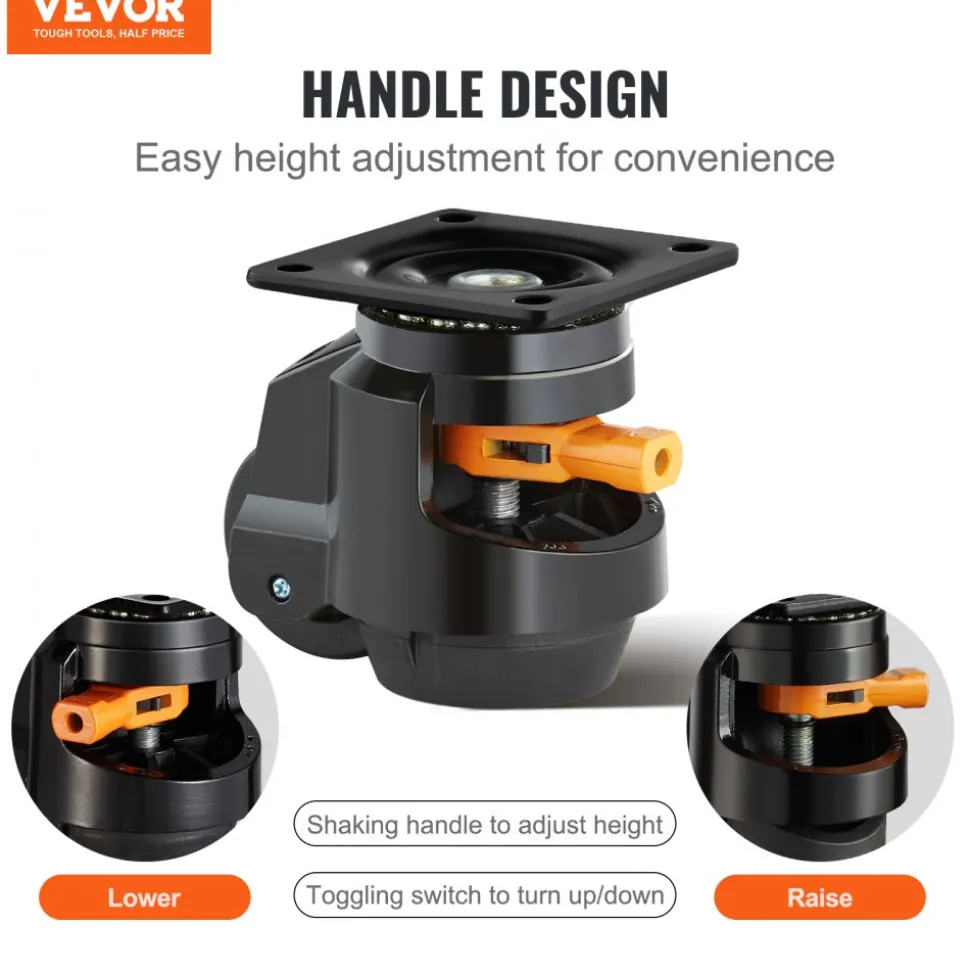 VEVOR Leveling Casters, Set of 4, 2200 lbs Total Load Capacity, 2.5 inches, Heavy Duty with Upgraded Handle Design, 360 Degree Swivel Caster Wheels, Adjustable Casters with Feet for Workbench, Machine