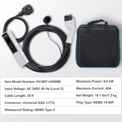 VEVOR Level 2 Portable EV Charger, 40A 240V, Electric Vehicle Charger with 25 ft Charging Cable NEMA 14-50P Plug, 40A/32A/24A/16A Adjustable Current Plug-in Home EV Charging Station for SAE J1772 EVs