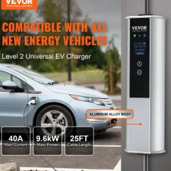 VEVOR Level 2 Portable EV Charger, 40A 240V, Electric Vehicle Charger with 25 ft Charging Cable NEMA 14-50P Plug, 40A/32A/24A/16A Adjustable Current Plug-in Home EV Charging Station for SAE J1772 EVs