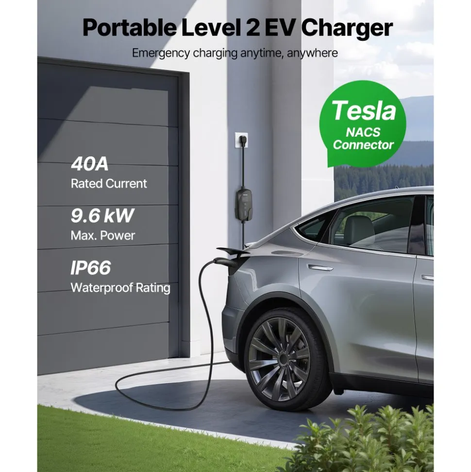 VEVOR Level 2 Tesla Charger, 40 Amp Adjustable Current, 240V Portable Home Electric Car EV Charger with 25 ft Charging Cable, NEMA 14-50P Plug, LCD Display, NACS Connector, for Tesla Model Y/X/3/S