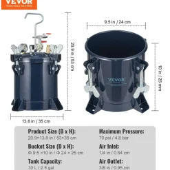 VEVOR 10L/2.5gal Spray Paint Pressure Pot Tank,  70PSI Max Air Paint Pressure Pot, Metal Rack and Leak Repair Sealant for Industry Home Decor Architecture Construction Automotive Painting