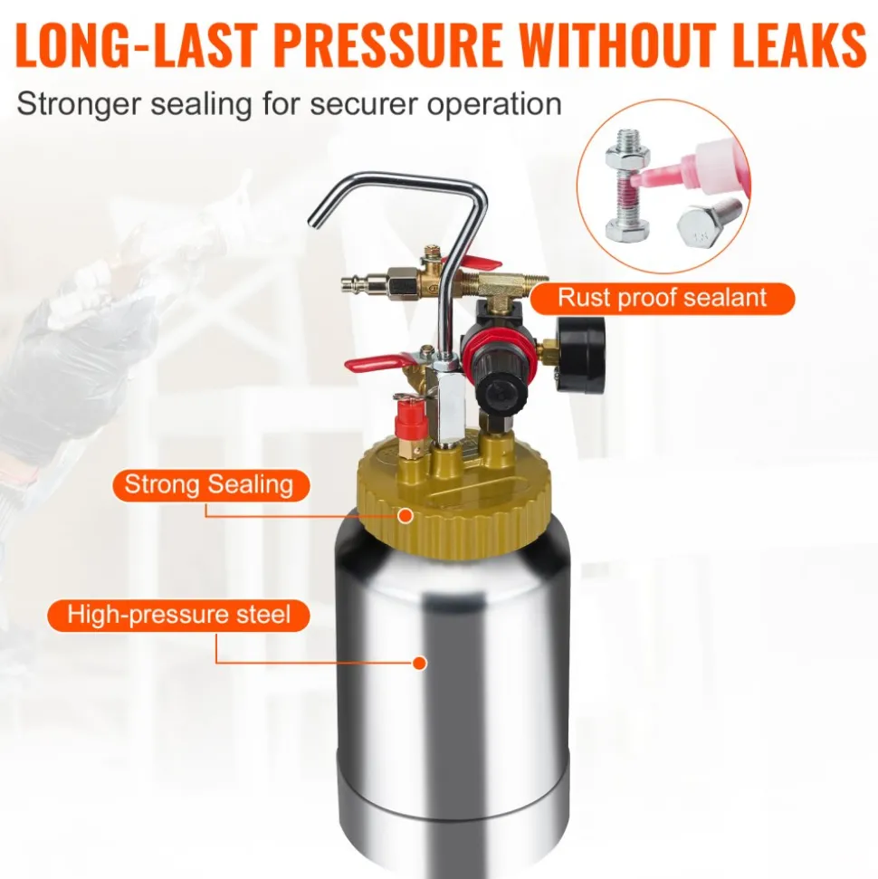 VEVOR 2L/0.5gal Spray Paint Pressure Pot Tank, Lightweight Air Paint Pressure Pot, 1.8mm Nozzle Spray Paint Gun 3m Hoses for Home Decoration Architecture Construction Automotive Painting, 45PSI Max