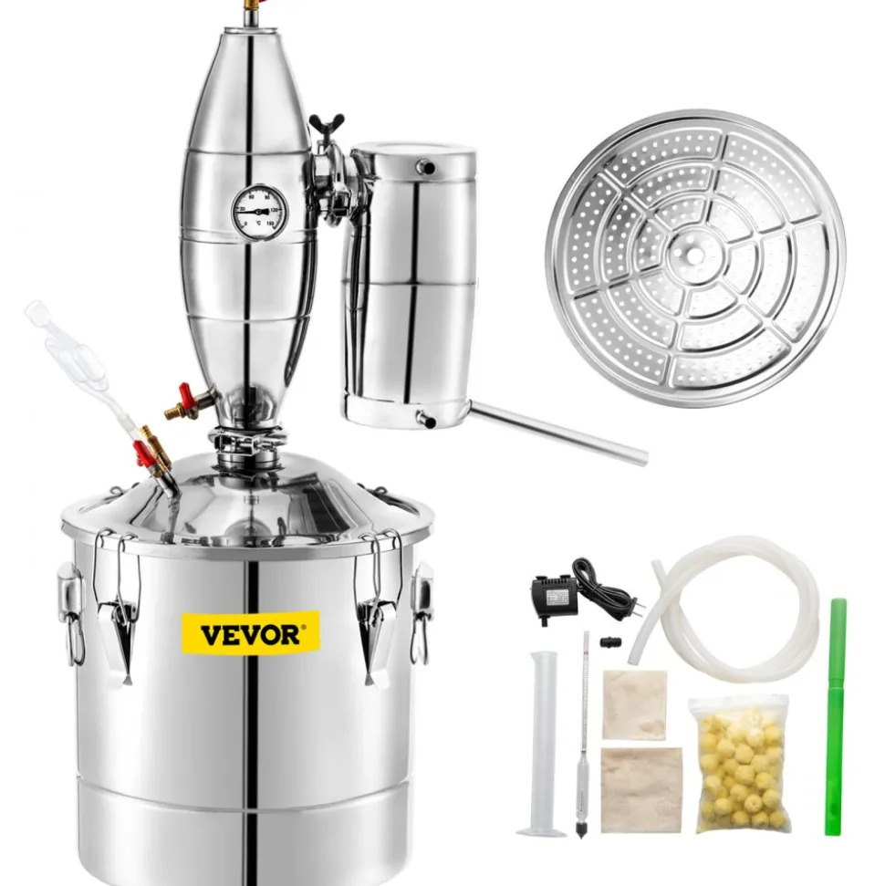 VEVOR 70L 18.5Gal Water Alcohol Distiller 304 Stainless Steel Alcohol Still Wine Making Boiler Home Kit with Thermometer for Whiskey Brandy Essential, Sliver