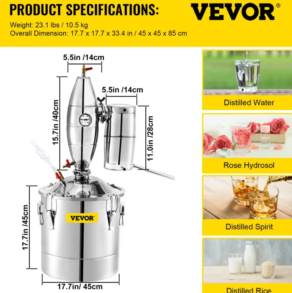 VEVOR 70L 18.5Gal Water Alcohol Distiller 304 Stainless Steel Alcohol Still Wine Making Boiler Home Kit with Thermometer for Whiskey Brandy Essential, Sliver