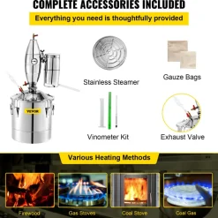 VEVOR 70L 18.5Gal Water Alcohol Distiller 304 Stainless Steel Alcohol Still Wine Making Boiler Home Kit with Thermometer for Whiskey Brandy Essential, Sliver
