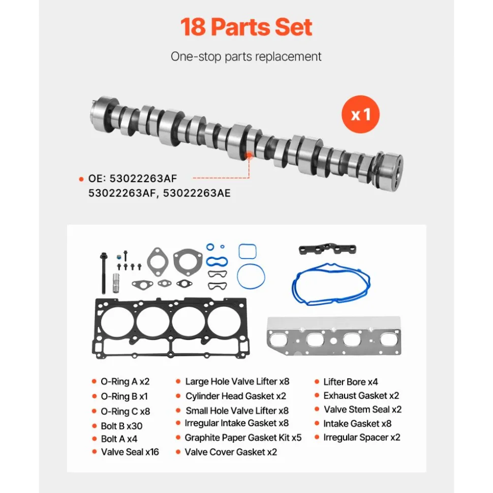 VEVOR Lifter Camshaft Kit, 18-Piece Set, Fits 2009-2021 Jeep Grand Cherokee, 2009-2021 Dodge Challenger, Fits 1999-2013 4.8L, 5.3L, and 5.7L LS-Based Engines, V8 5.7L
