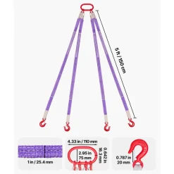 VEVOR Lifting Sling Straps, Four Leg Polyester Bridle Sling with Hooks, 6600LB Capacity, 5Ft Heavy Duty Rigging Strap, Thickened & Wear-Resistant Webbing Slings for Engines Cranes Hoists Truck