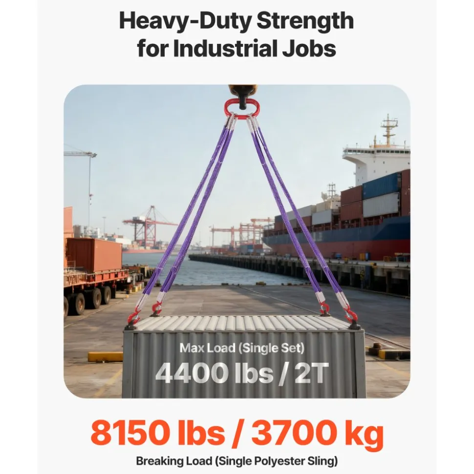 VEVOR Lifting Sling Straps, 2Pcs Two-Leg Polyester Bridle Sling with Hooks, 4400LB Capacity, 5Ft Heavy Duty Rigging Strap, Thickened & Wear-Resistant Webbing Slings for Engines Cranes Hoists Truck
