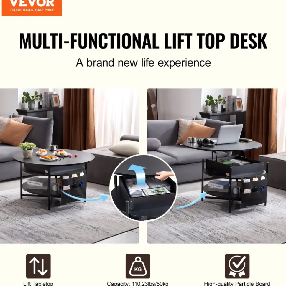 VEVOR Lift Top Coffee Table, 35.3 in Round Coffee Table with Extra Storage Pockets, Pop Up Coffee Table for Living Room, Black