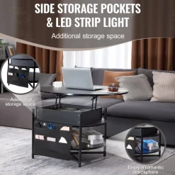 VEVOR Lift Top Coffee Table, 35.3 in Round Coffee Table with Extra Storage Pockets, Pop Up Coffee Table for Living Room, Black